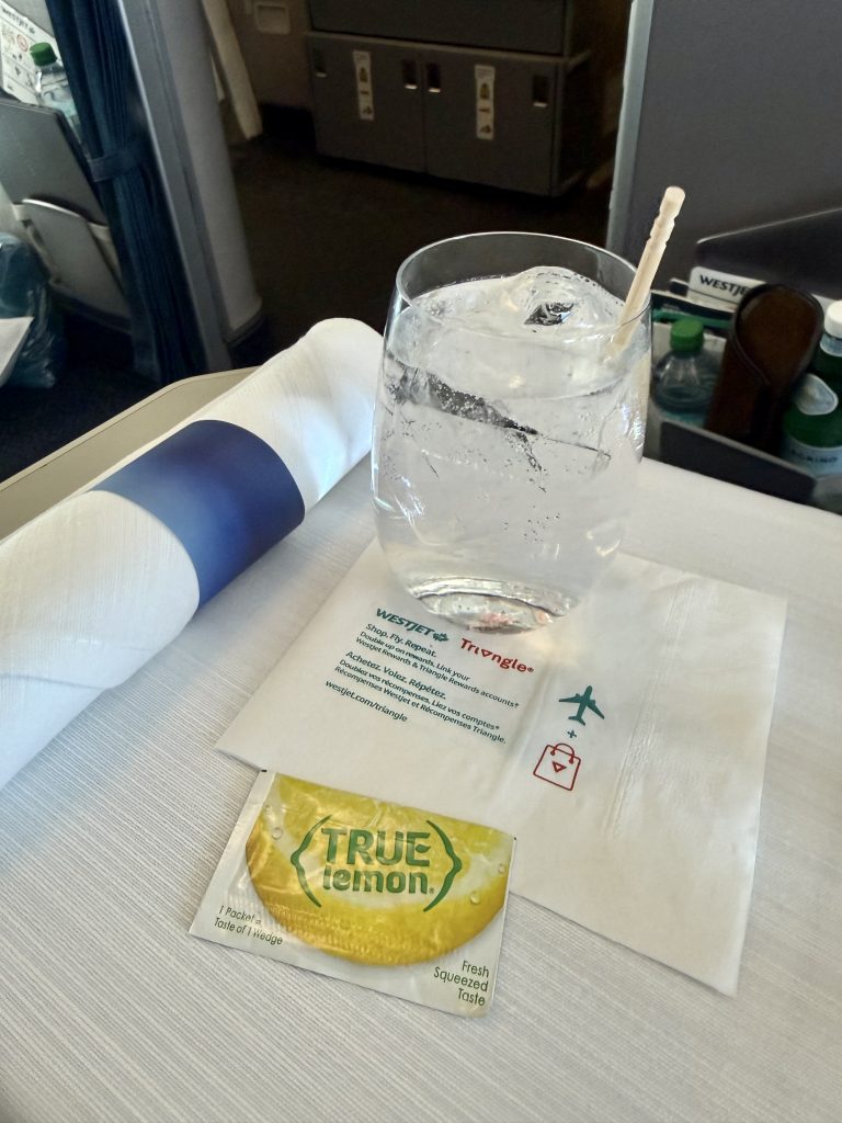 Gin og tonic med True Lemon på WestJet Premium fra København til Halifax